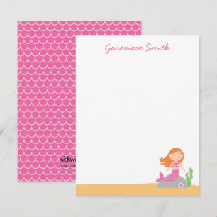 Personalized Mermaid Stationery Red Hair Pink Invitation