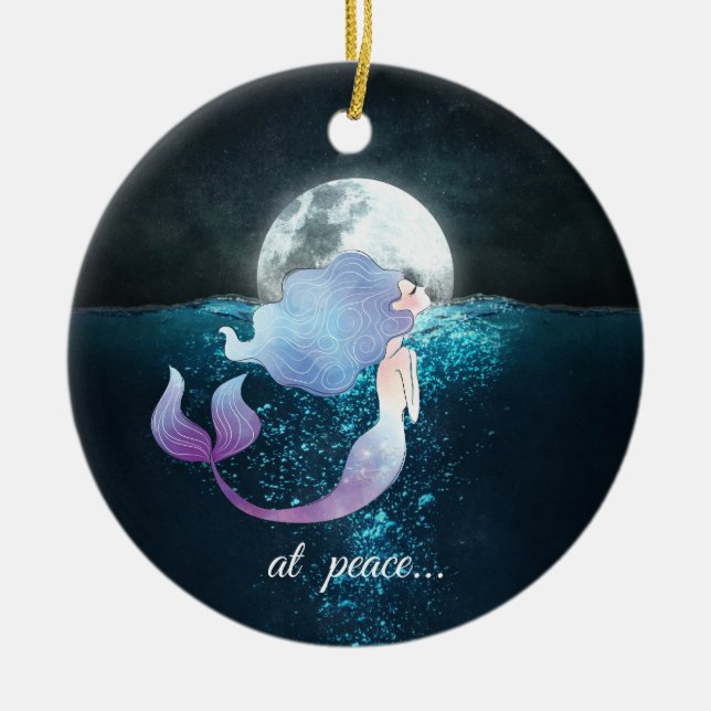 Personalized Mermaid Swimming, At Peace, Full Moon Ceramic Ornament (Front)