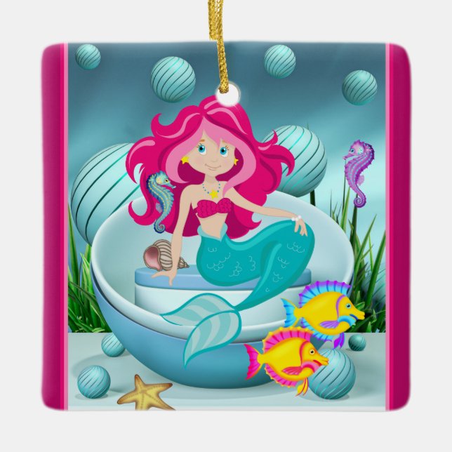 Personalized Mermaid Under the Sea Beach Christmas Ceramic Ornament (Front)
