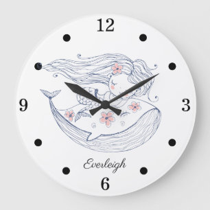 Personalized Mermaid Whale Girl's Nursery  Large Clock