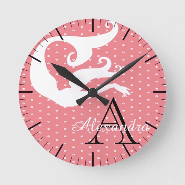 Personalized Mermaid White Coral salmon  monogram  Round Clock (Front)