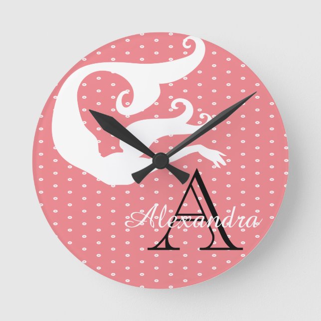 Personalized Mermaid White Coral salmon  monogram Round Clock (Front)