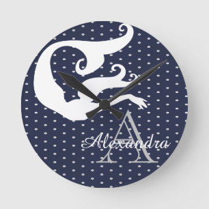 Personalized Mermaid White Navy blue monogrammed Round Clock