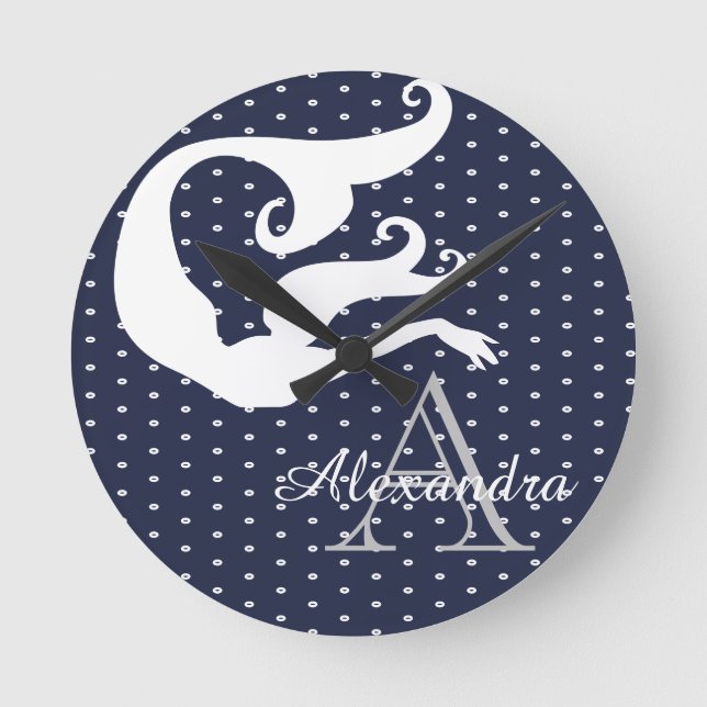 Personalized Mermaid White Navy blue monogrammed  Round Clock (Front)