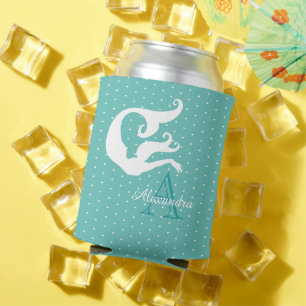 Personalized Mermaid White Teal blue monogrammed Can Cooler