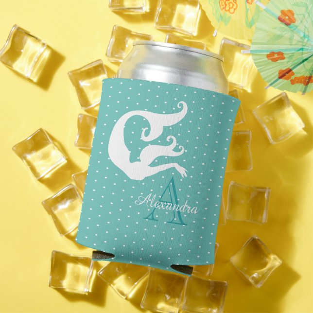 Personalized Mermaid White Teal blue monogrammed  Can Cooler (In Situ Summer)