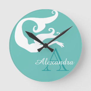 Personalized Mermaid White Teal blue monogrammed R Round Clock