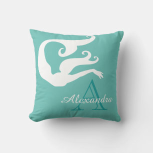 Personalized Mermaid White Teal blue monogrammed T Throw Pillow