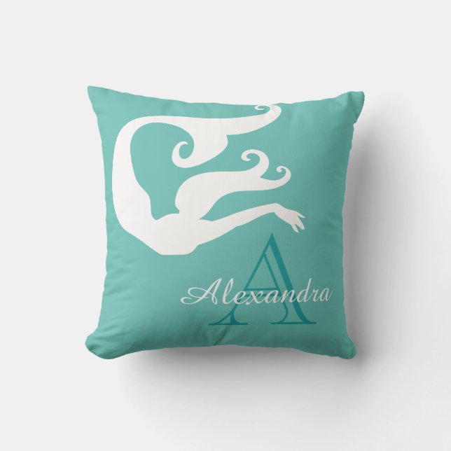 Personalized Mermaid White Teal blue monogrammed T Throw Pillow (Front)