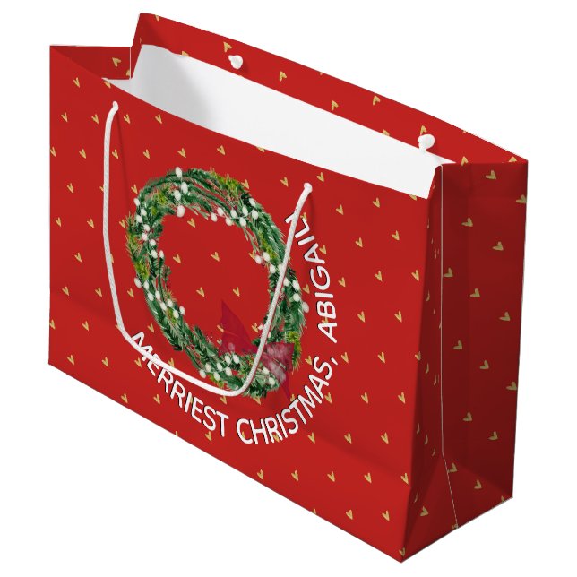 Personalized Merriest Christmas Wreath Gold Hearts Large Gift Bag (Front Angled)