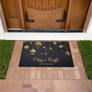 Personalized Merry and Bright Black Gold Ornaments Doormat