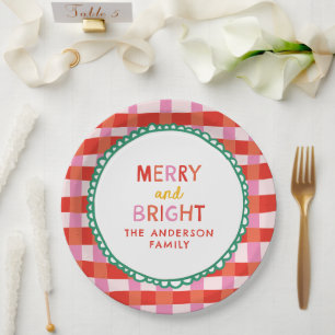 Personalized Merry and Bright Red Chequered Paper Plate