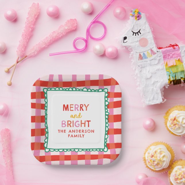 Personalized Merry and Bright Red Chequered Paper Plate (Party)