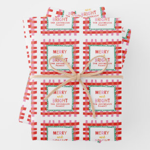 Personalized Merry and Bright Red Chequered  Wrapping Paper Sheet
