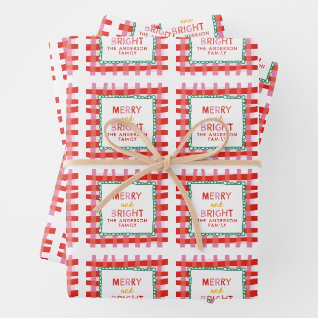 Personalized Merry and Bright Red Chequered  Wrapping Paper Sheet (In situ)