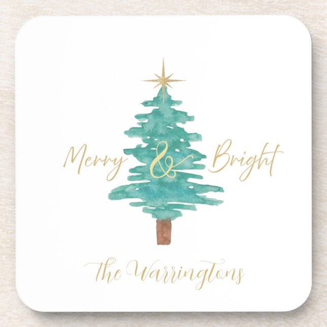 Personalized "Merry and Bright" Watercolor Tree Coaster (Front)
