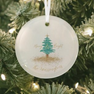 Personalized "Merry and Bright" Watercolor Tree Glass Ornament
