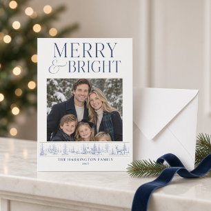 Personalized Merry & Bright Blue Winter Toile Holiday Card
