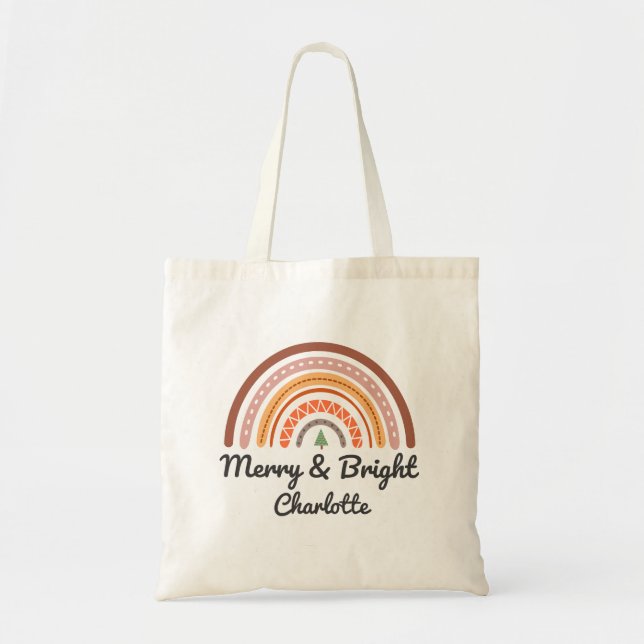 Personalized Merry Bright Christmas Rainbow Tote Bag (Front)