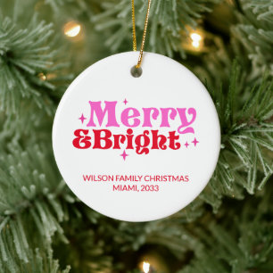 Personalized Merry & Bright Pink & Red Christmas Ceramic Ornament