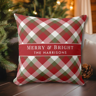 Personalized Merry & Bright Plaid Christmas Throw Pillow