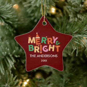 Personalized Merry & Bright Star Christmas  Ceramic Ornament