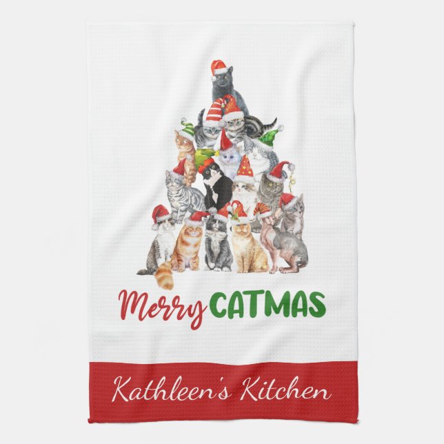 Personalized Merry Catmus Funny Cat Christmas  Kitchen Towel (Vertical)