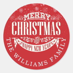 Personalized Merry Christmas and a Happy New Year Classic Round Sticker