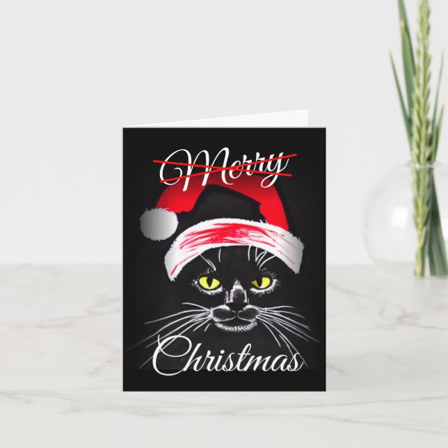 Personalized Merry Christmas Angry Black Cat  Holiday Card (Front)