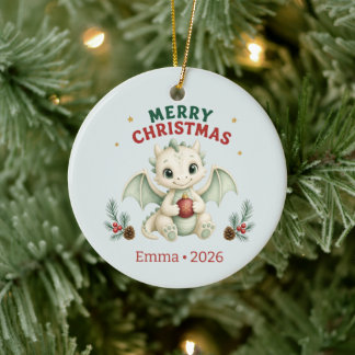 Personalized Merry Christmas Baby Dragon Ceramic Ornament