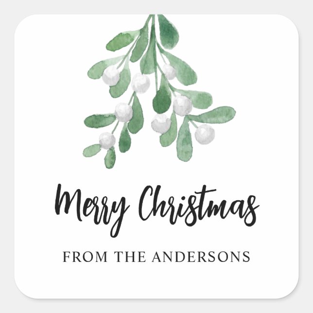 Personalized Merry Christmas Berries And Leaves Square Sticker (Front)