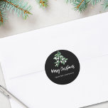 Personalized Merry Christmas Berries Leaves Black Classic Round Sticker<br><div class="desc">This elegant Christmas Sticker is decorated with watercolor mistletoe leaves and berries on a stylish black background.
Easily customizable.
Great for use as gift tags,  party favour tags,  envelope seals,  and more!
Original Watercolor © Michele Davies.</div>