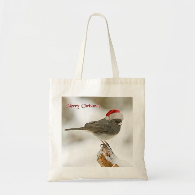 Personalized Merry Christmas Bird Santa Hat Tote Bag (Front)