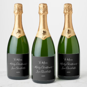 Personalized Merry Christmas Black and White Sparkling Wine Label