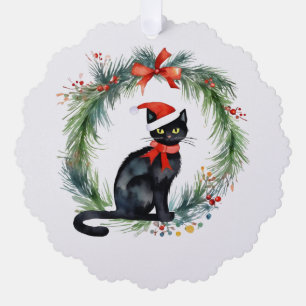 Personalized Merry Christmas Black Cat and Wreath Ornament Card