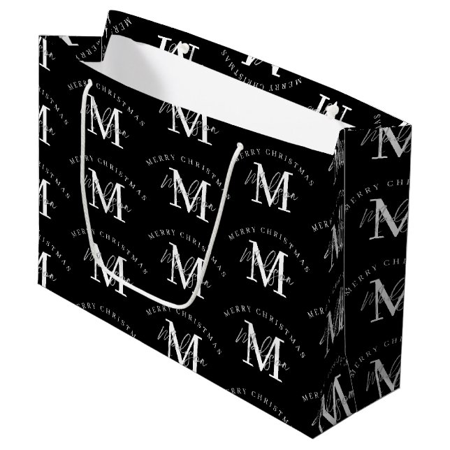 Personalized Merry Christmas Black White Monogram  Large Gift Bag (Front Angled)