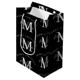 Personalized Merry Christmas Black White Monogram Medium Gift Bag