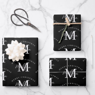 Personalized Merry Christmas Black White Monogram  Wrapping Paper Sheet