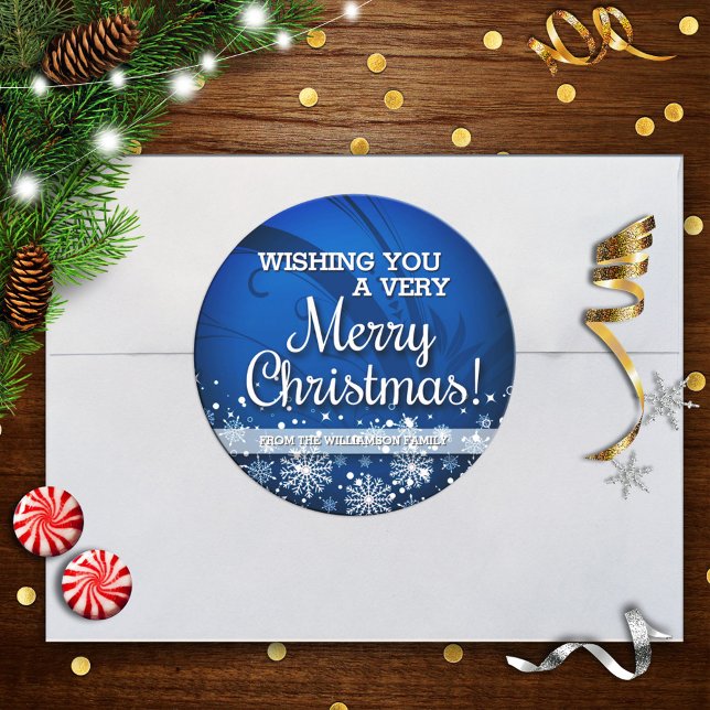 Personalized Merry Christmas (blue) Classic Round Sticker (Creator Uploaded)