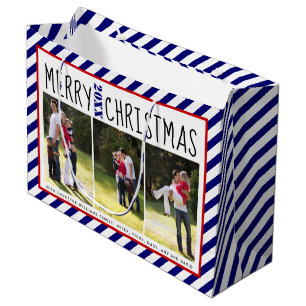 Personalized Merry Christmas blue stripes photo Large Gift Bag