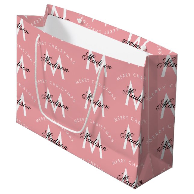 Personalized Merry Christmas Blush Pink Monogram Large Gift Bag (Front Angled)