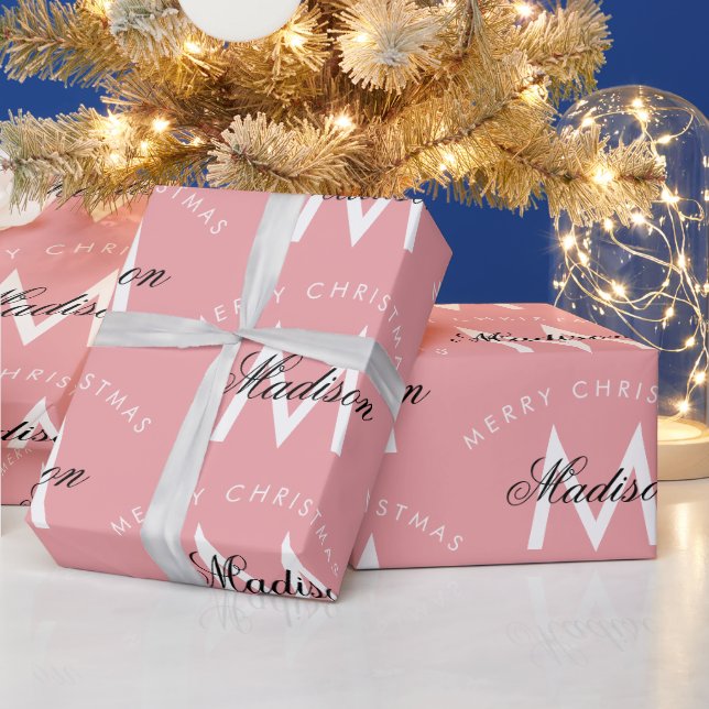 Personalized Merry Christmas Blush Pink Monogram Wrapping Paper (Holidays)