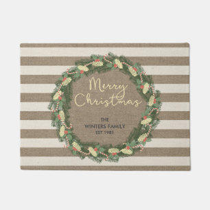 Personalized Merry Christmas burlap stripe wreath Doormat