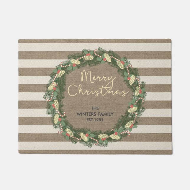 Personalized Merry Christmas burlap stripe wreath Doormat (Front)