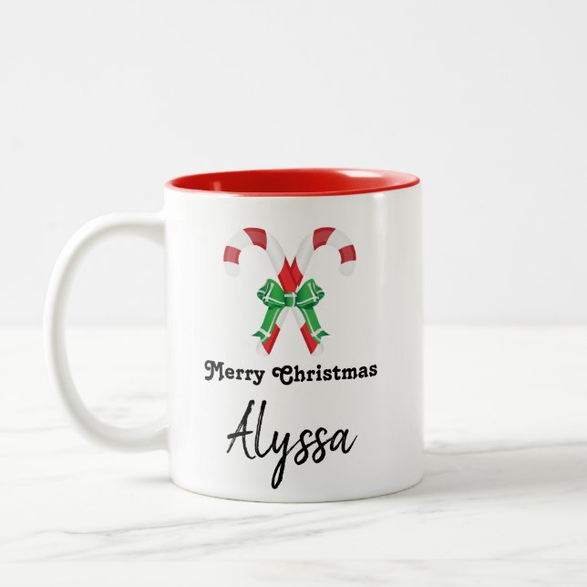 Personalized Merry Christmas Candy Cane Two-Tone Coffee Mug (Left)