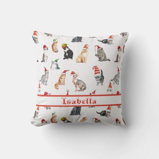 Personalized Merry Christmas Cats with Santa Hats Throw Pillow (Front)
