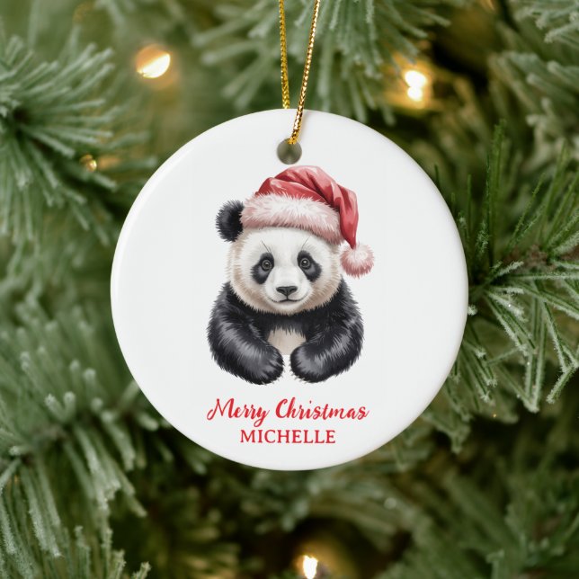 Personalized Merry Christmas Cute Panda Bear Ceramic Ornament (Tree)