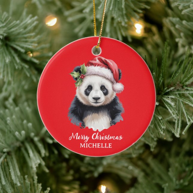 Personalized Merry Christmas Cute Panda Bear Ceramic Ornament (Tree)