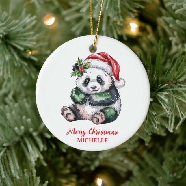 Personalized Merry Christmas Cute Panda Bear Ceramic Ornament (Tree)
