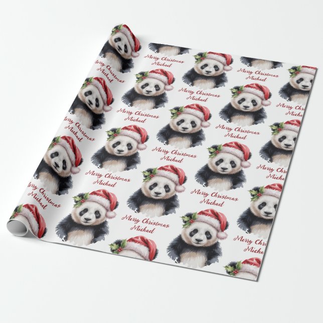 Personalized Merry Christmas Cute Panda Bear Wrapping Paper (Unrolled)